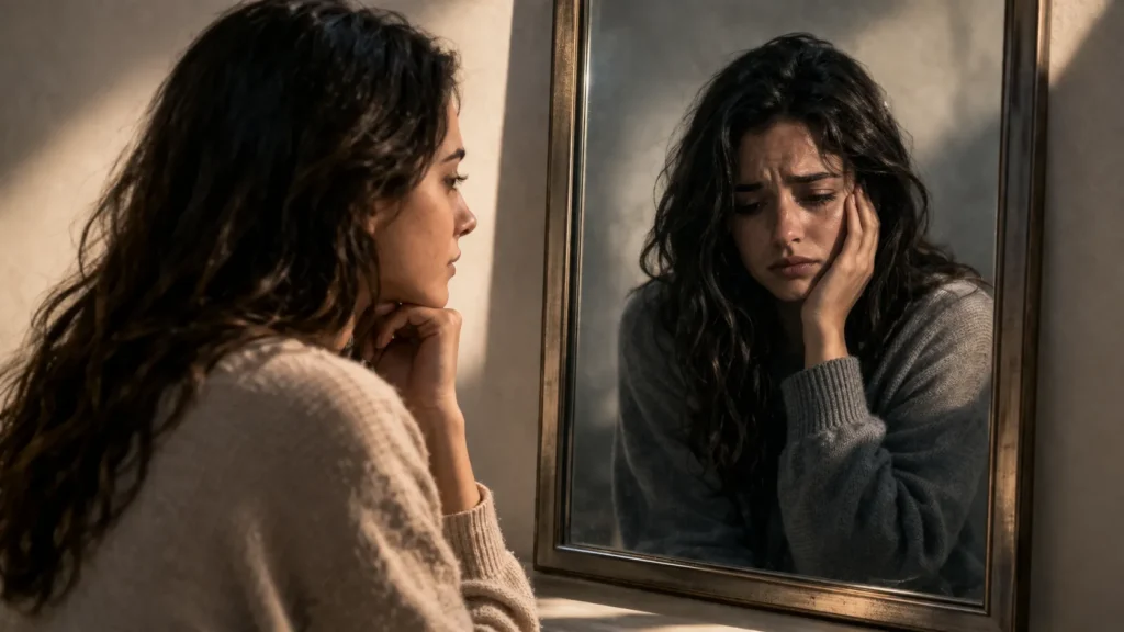 pessoa olhando para o espelho refletindo emoções internas