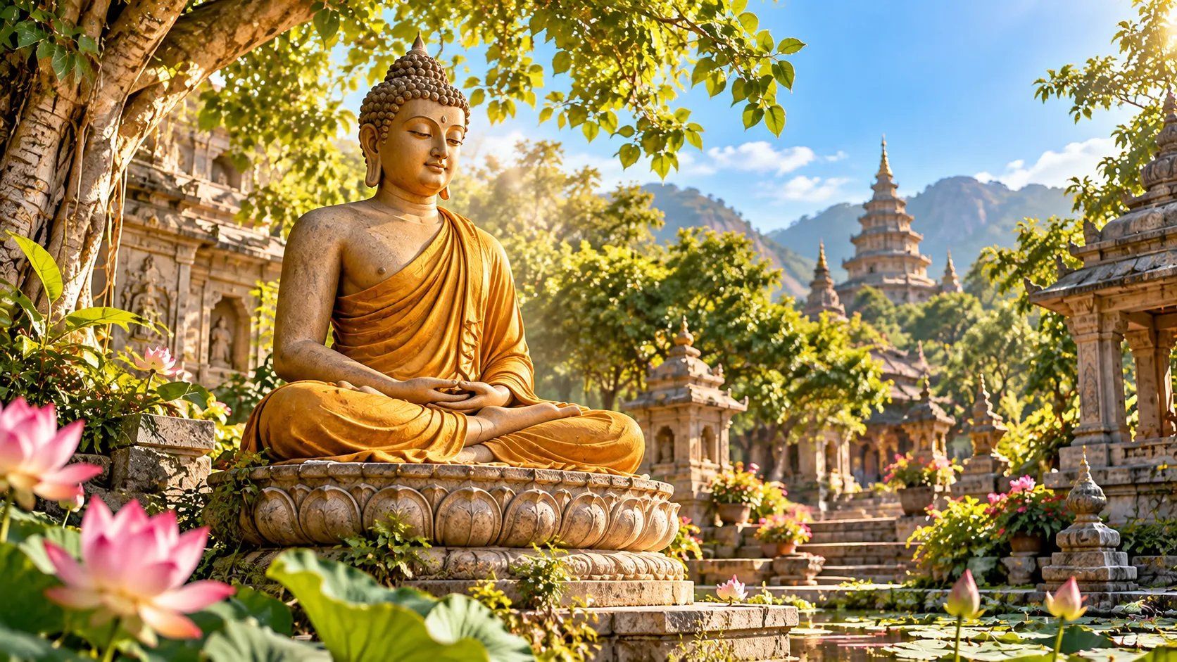 Buda em Jardim de Lotus ao Amanhecer