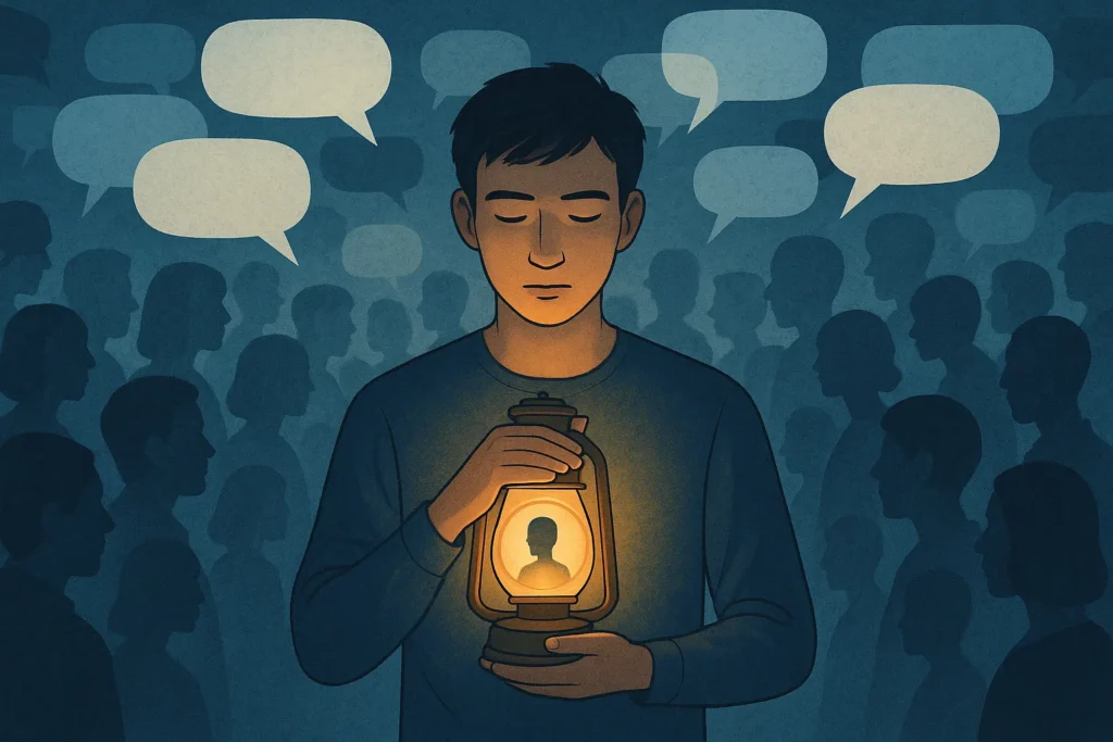 Você escuta sua voz ou os ecos das opiniões alheias? 1 Ilustração de uma pessoa em meio a várias vozes externas buscando sua própria voz