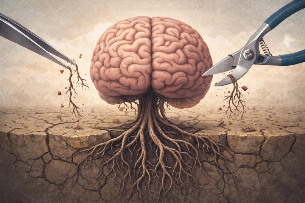 Cérebro com raízes simbolizando padrões mentais difíceis de mudar