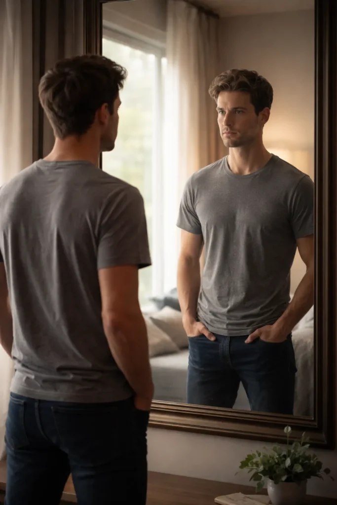 Pessoa em frente ao espelho refletindo sobre mudanças internas