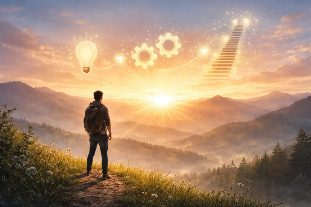 Pessoa olhando para o horizonte com símbolo de sonho e ação ao fundo