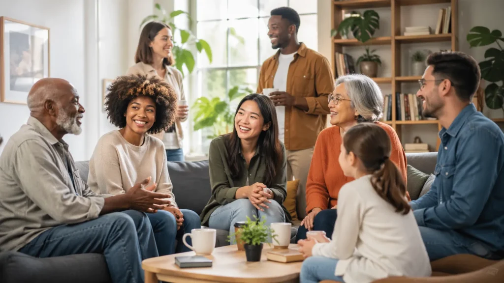 Pessoas diversas compartilhando experiências de vida e conexão humana