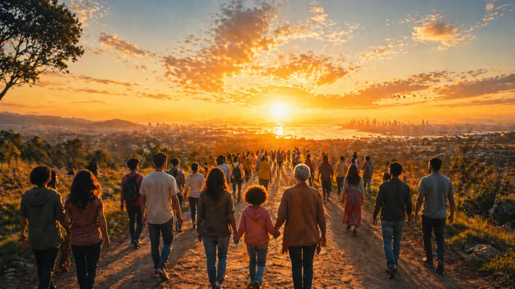 Grupo de pessoas caminhando juntas simbolizando união e humanidade