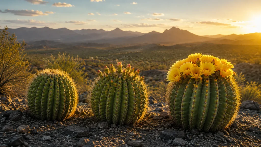 Cactos em diferentes fases de florescimento representando o tempo de cada pessoa