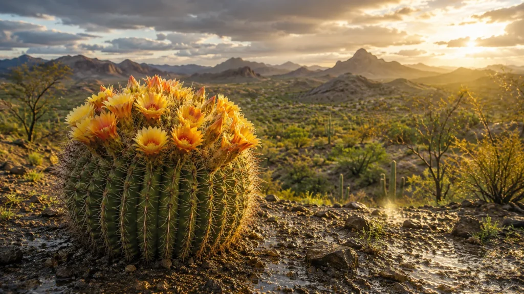 Cacto florido no deserto simbolizando esperança e perseverança