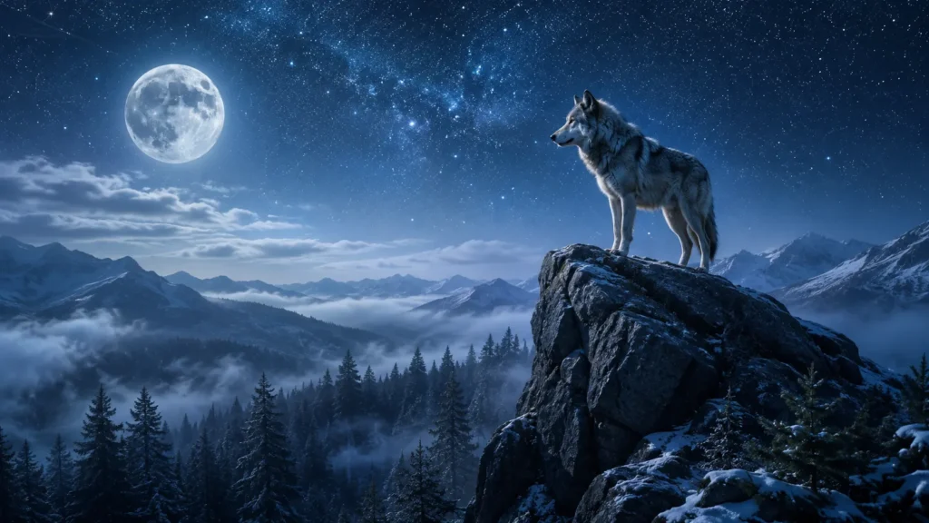 O Simbolismo do Lobo 3 Lobo uivando durante a noite representando mistério e conexão com o desconhecido