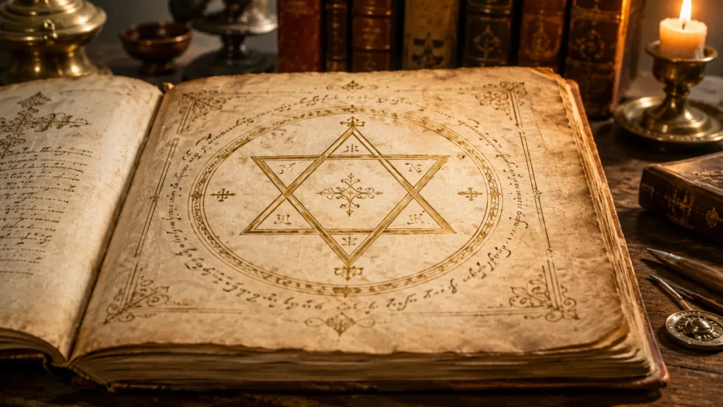 Selo de Salomão formado por dois triângulos entrelaçados em um manuscrito antigo