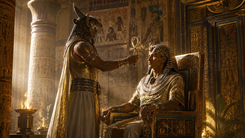 deus egípcio oferecendo a Cruz Ankh como sopro da vida eterna ao faraó