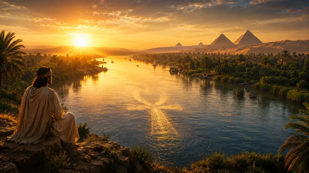 Pessoa contemplando o nascer do sol às margens do rio Nilo, enquanto uma Cruz Ankh luminosa aparece refletida na água, simbolizando equilíbrio entre matéria, espírito e os ciclos da vida.