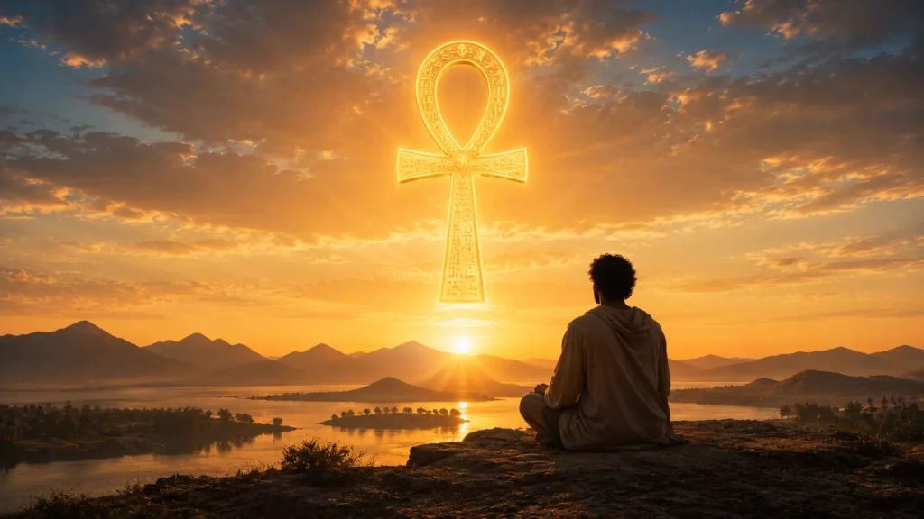 Pessoa observando o nascer do sol diante de uma Cruz Ankh luminosa suspensa entre céu e terra, simbolizando eternidade, renovação espiritual e a continuidade da vida.