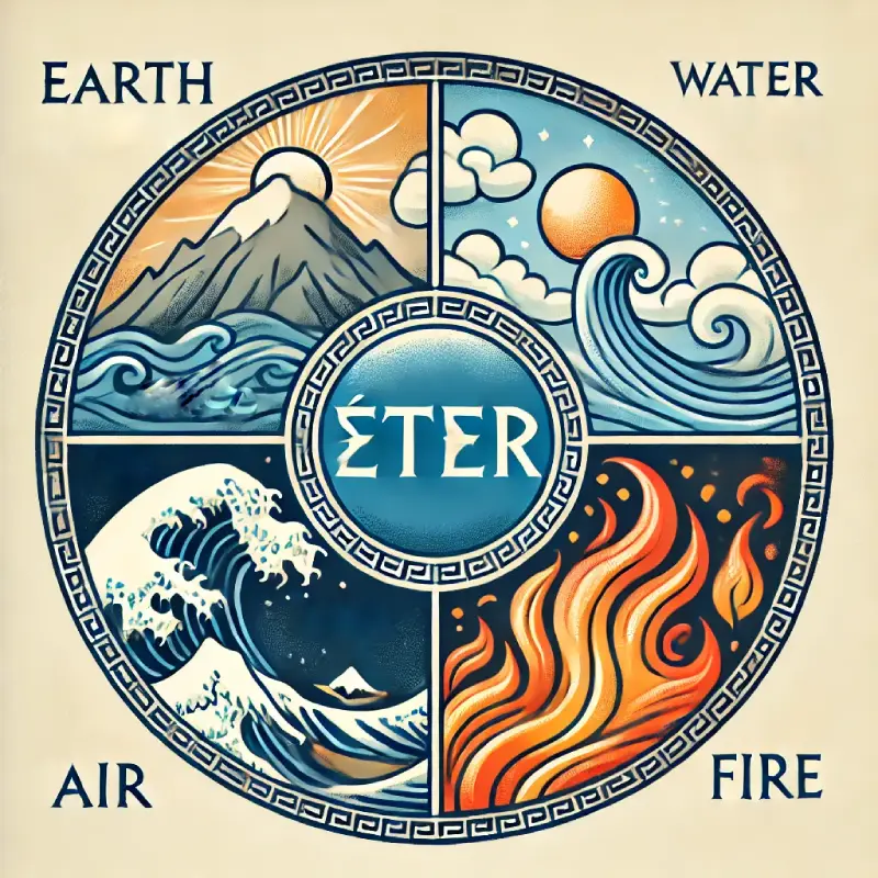 Representação dos quatro elementos da filosofia grega: terra, água, ar e fogo, com o Éter como o quinto elemento no centro.