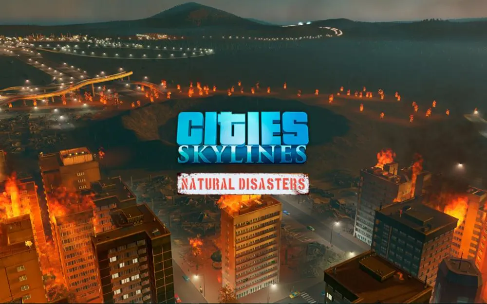 Desastres naturais Cities Skylines, incêndio ao fundo.