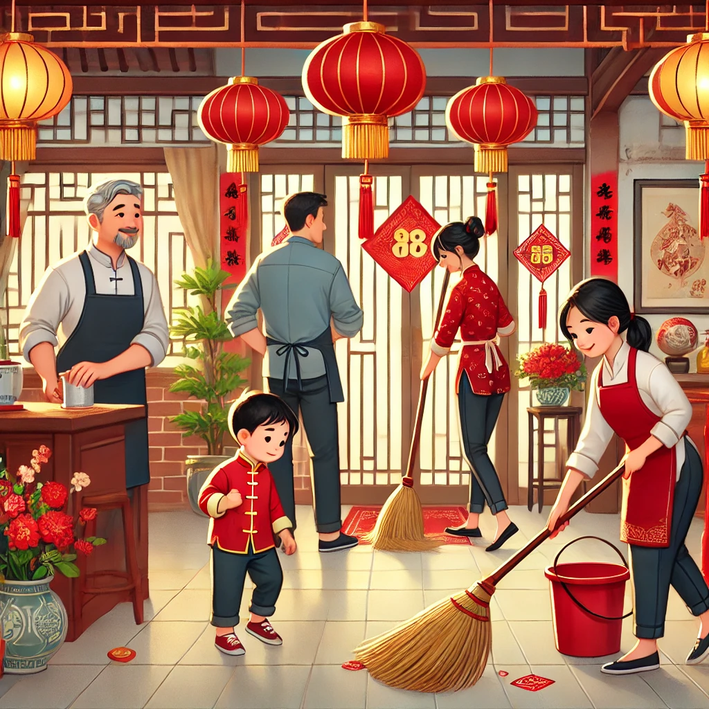 Família chinesa limpando a casa antes do Ano Novo