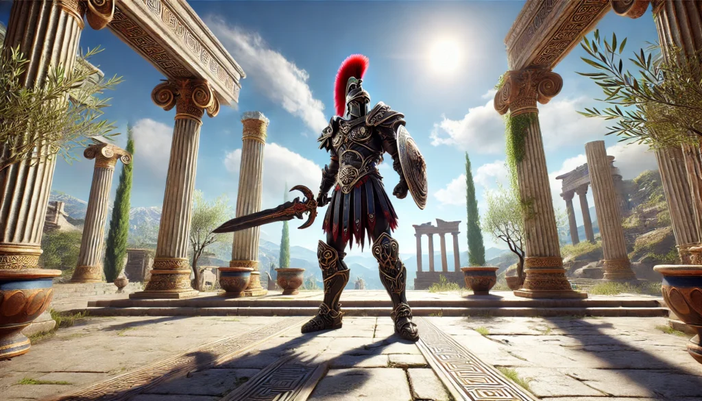 Ares ou Atena: Como Resolver Conflitos com Sabedoria? 3 DALL·E 2025 05 14 14.06.52 A digital artwork of Ares the Greek god of war standing in an imposing stance in a bright ancient Greek environment at midday. He is wearing dark o