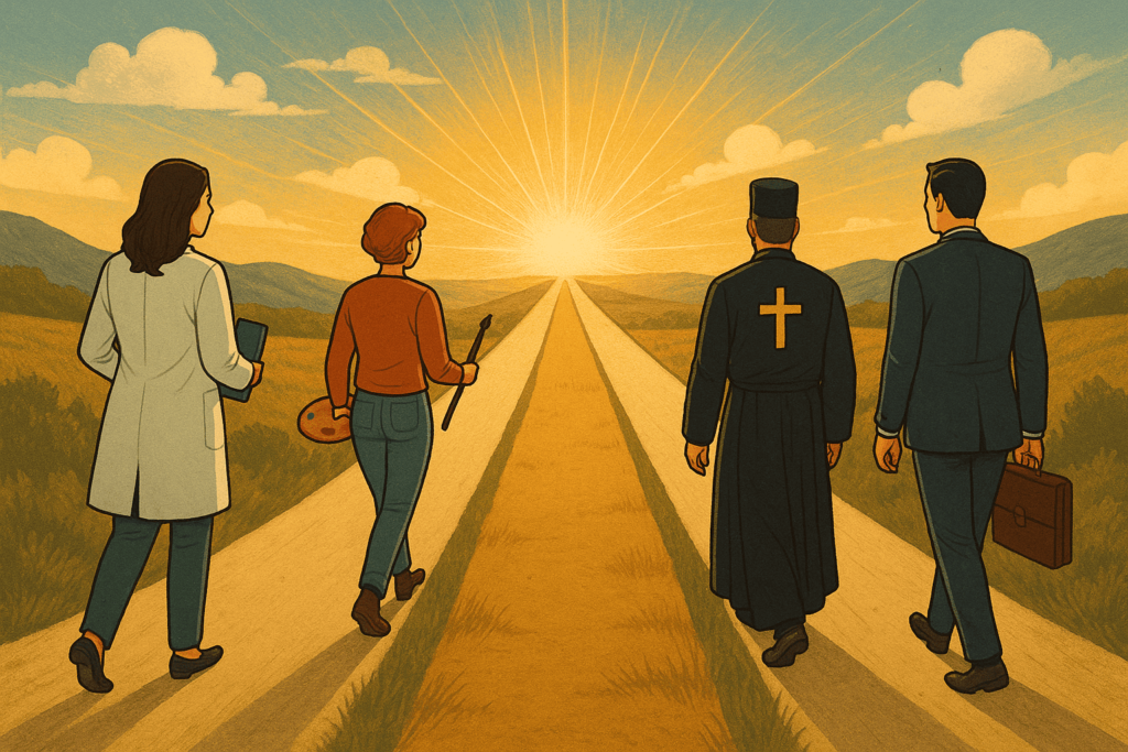Pentecostes: O Significado Espiritual e Universal de um Recomeço 3 Diversas pessoas seguindo caminhos diferentes simbolizando ideais