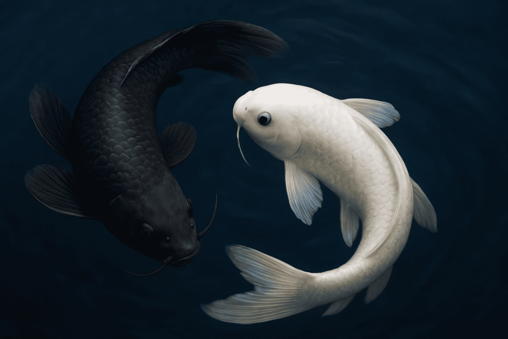 Yin-Yang: O Equilíbrio Dinâmico da Vida e Como Aplicar Essa Sabedoria no Cotidiano 2 Duas carpas, uma preta e uma branca, nadando em círculo em um lago azul escuro, representando o equilíbrio entre forças opostas inspirado no símbolo Yin-Yang.