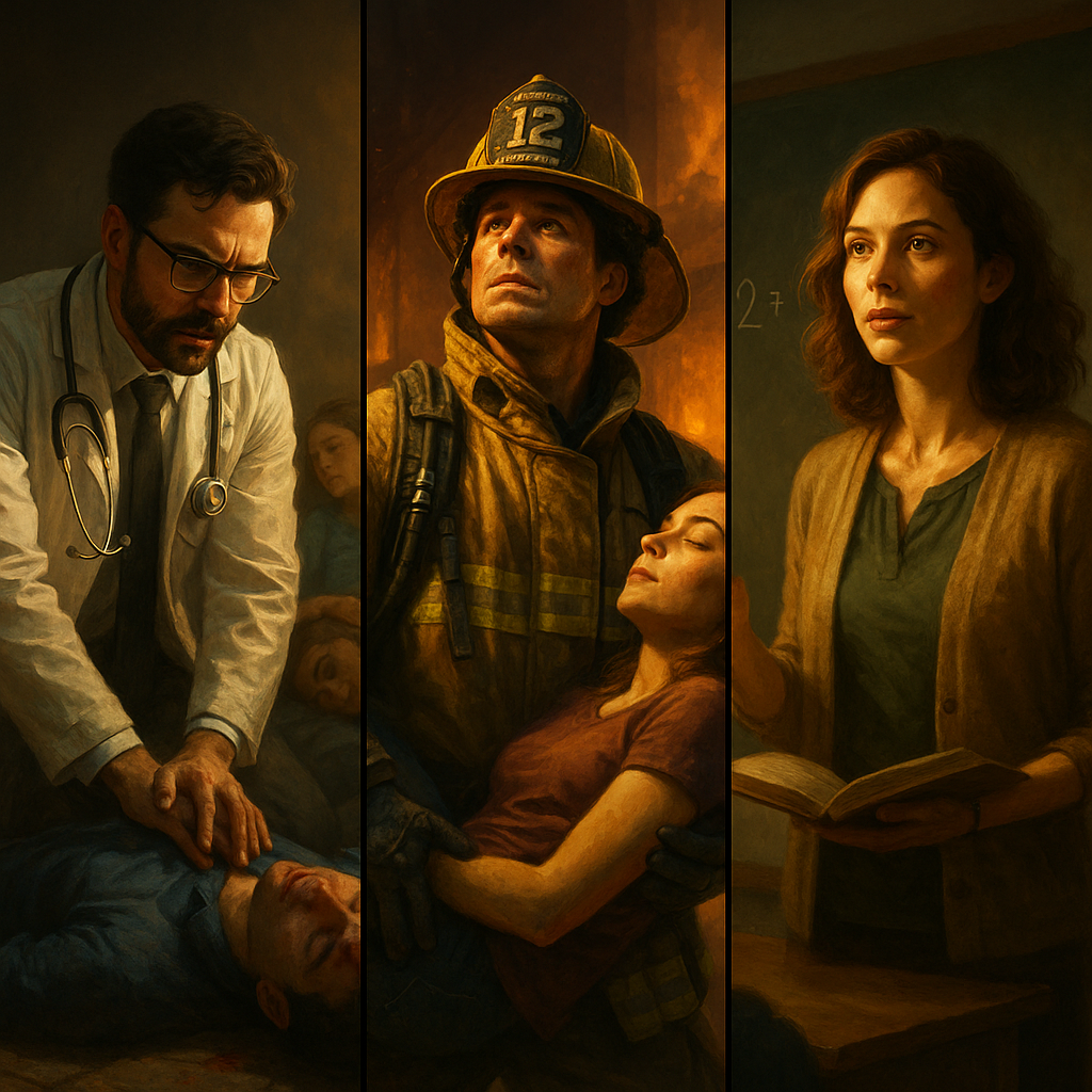 Superman e o Arquétipo do Escolhido: O Que Esse Herói Revela Sobre Nós 3 Montagem de heróis cotidianos como médicos, bombeiros e professores.