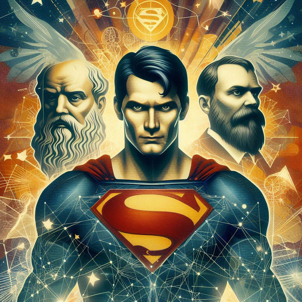 Superman e o Arquétipo do Escolhido: O Que Esse Herói Revela Sobre Nós 2 Superman sobreposto a silhuetas filosóficas de Platão e Nietzsche.