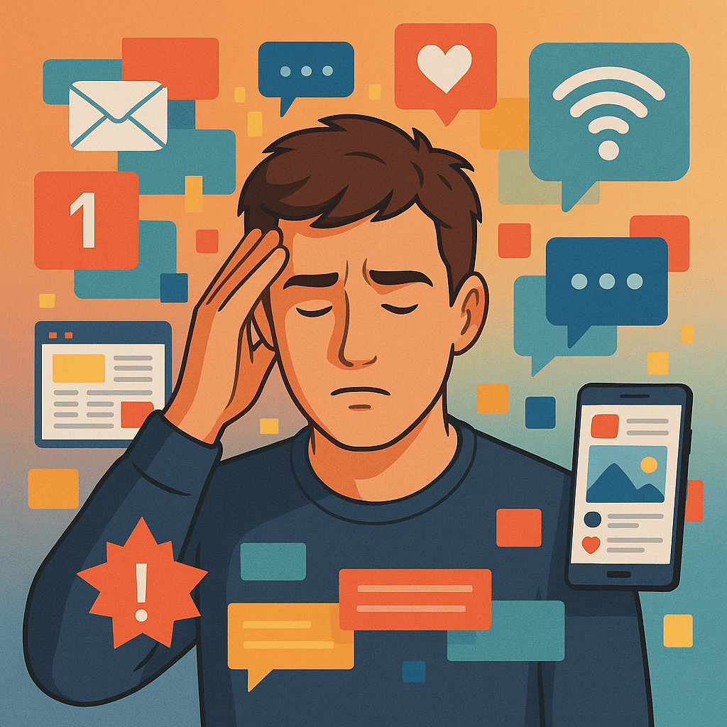 Desconexão da Realidade: Como a Tecnologia Está Mudando a Experiência Humana 2 Pessoa cercada por notificações e telas digitais