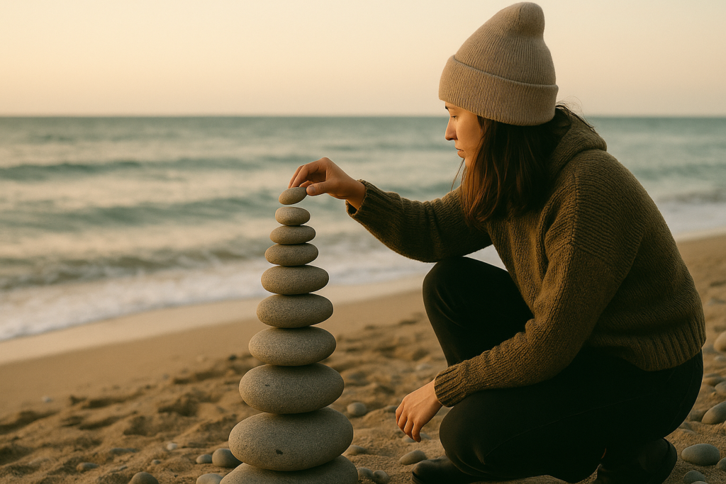 Yin-Yang: O Equilíbrio Dinâmico da Vida e Como Aplicar Essa Sabedoria no Cotidiano 4 Pessoa equilibrando pedras em uma praia, simbolizando equilíbrio dinâmico