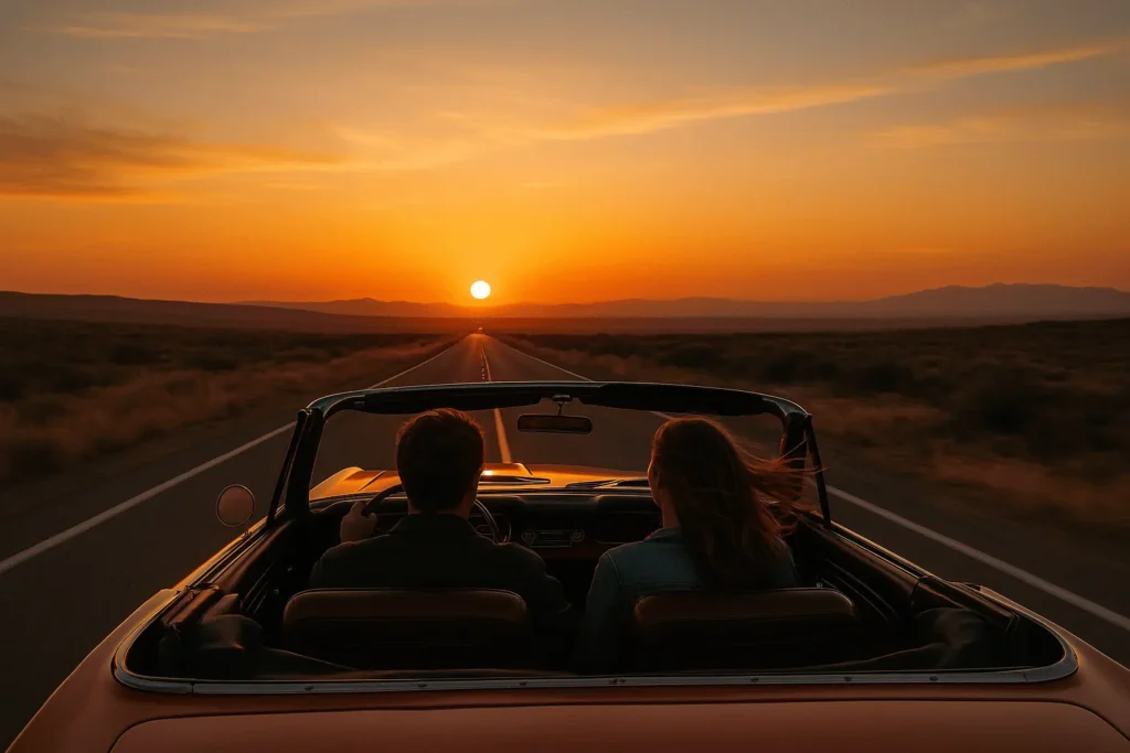 Série “As décadas que moldaram o mundo moderno”: Geração Beat A Rebelião Literária dos Anos 50 que Redefiniu Liberdade e Arte 1 Casal viajando rumo ao pôr do sol