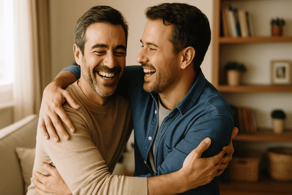 Dia do Irmão: Celebre o Amor Fraterno Que Transforma Vidas 3 Irmãos adultos sorrindo juntos em reencontro familiar
