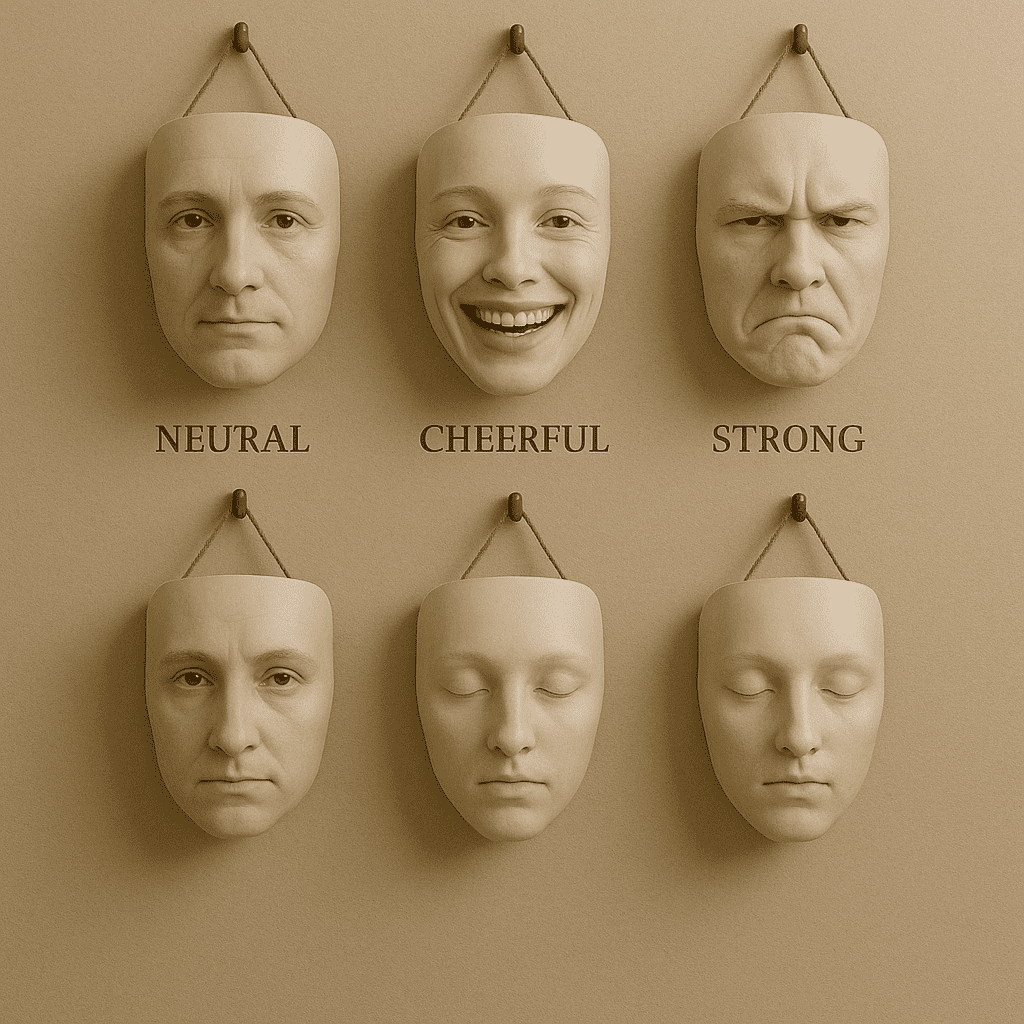 Diversas máscaras penduradas simbolizando papéis sociais