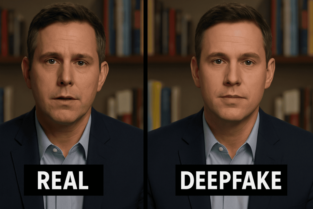 O Lado Sombrio da Inteligência Artificial: Riscos, Crimes e o Futuro da Tecnologia 2 Exemplo de deepfake mostrando dois vídeos, um real e outro falso