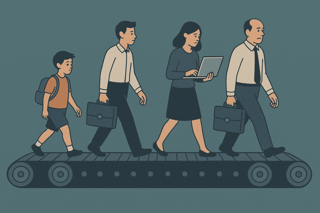 Ilustração de uma linha de produção representando a rotina moderna