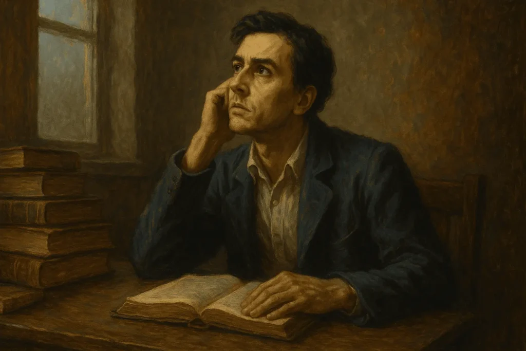Livro "Os Irmãos Karamázov": Por Que Este Clássico de Dostoiévski Ainda Transforma Vidas? 3 Ivan Karamázov refletindo sob uma luz tênue, com livros ao redor