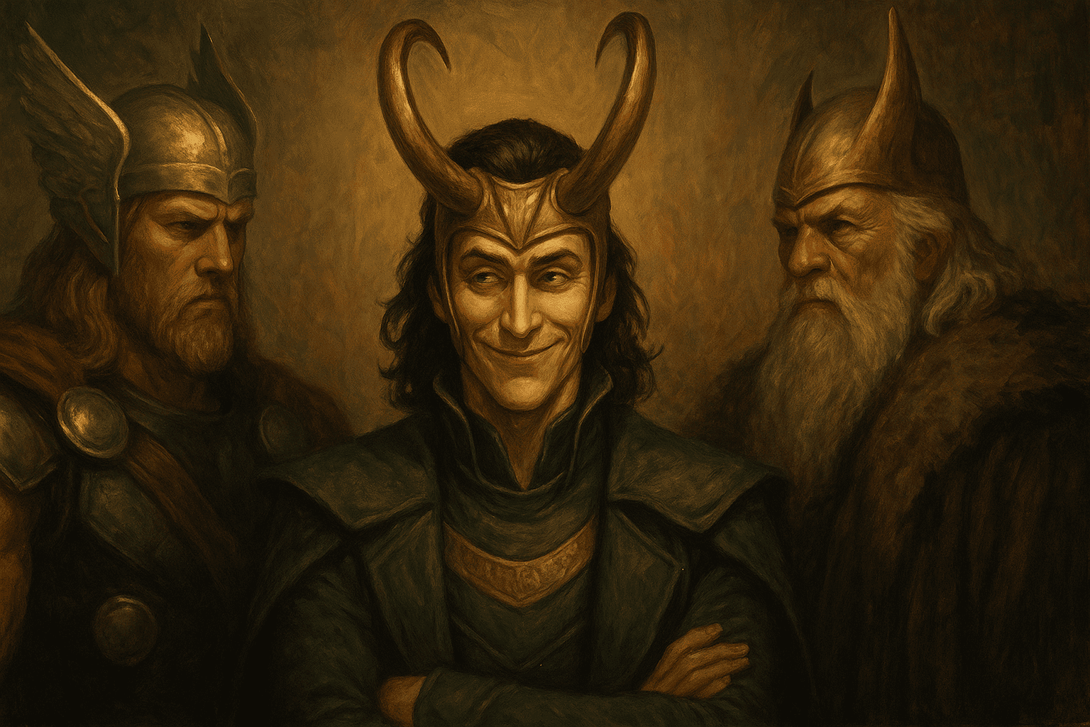 Loki sorrindo de forma astuta entre os deuses de Asgard