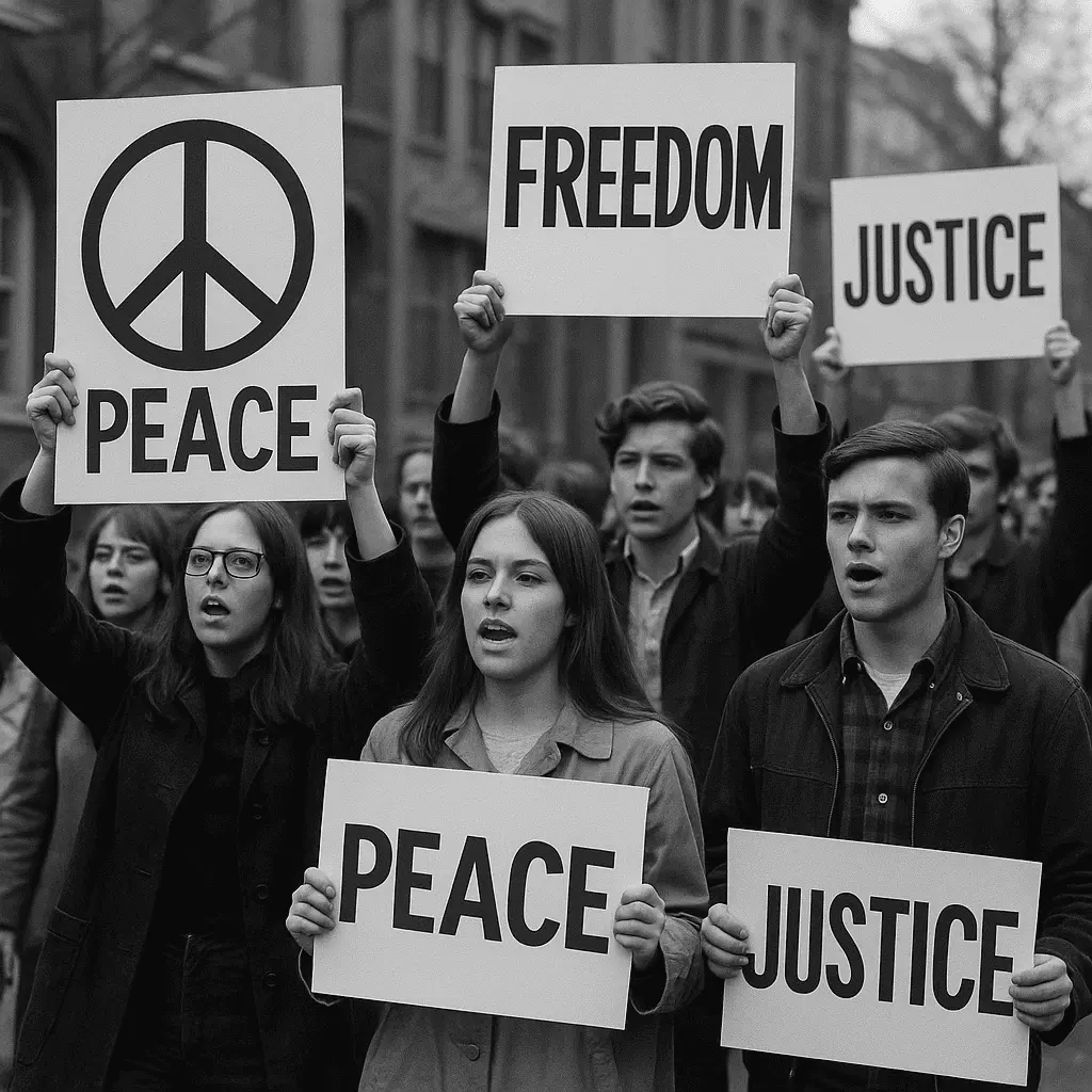 Manifestação nos anos 60 representando a revolução social
