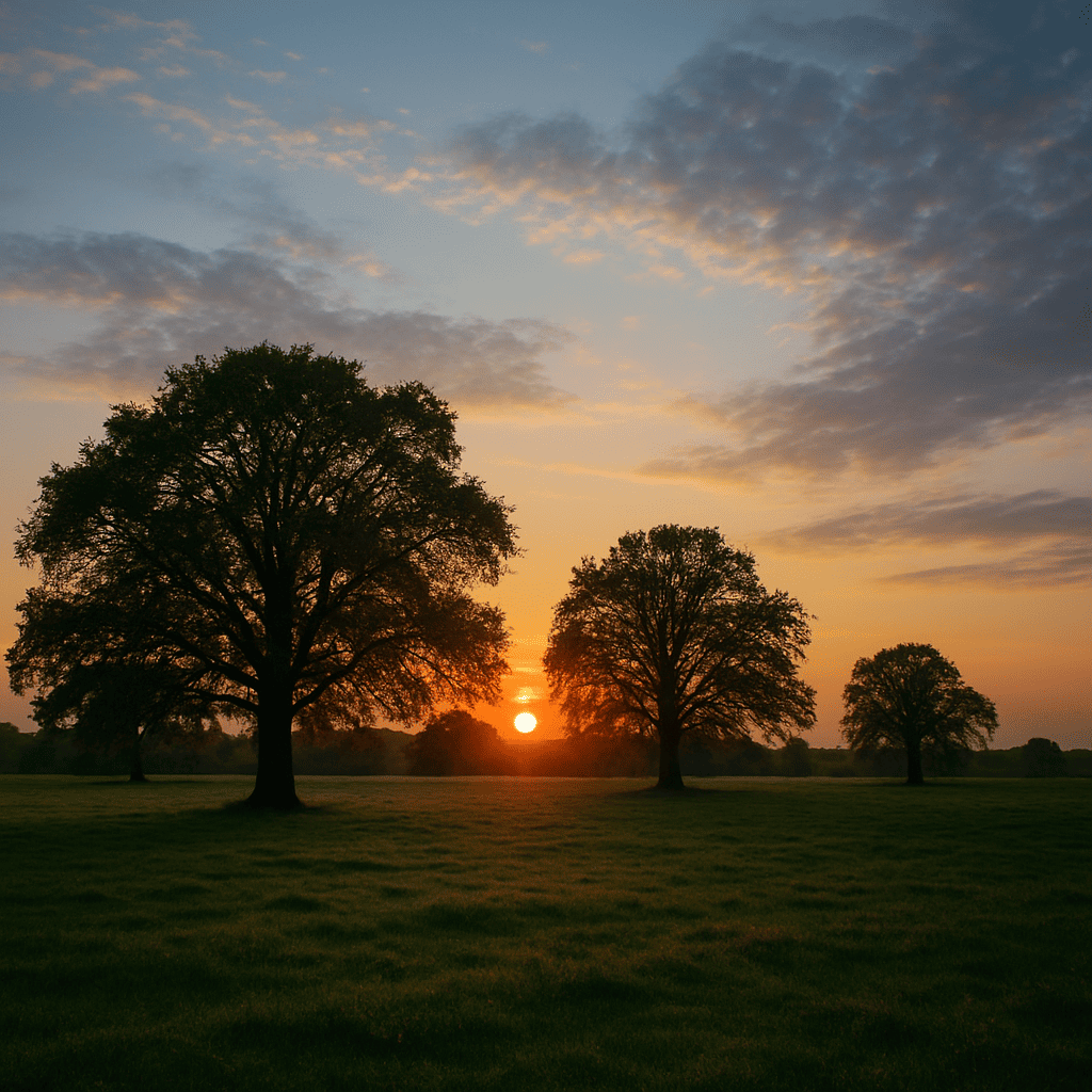 Paisagem com árvores ao entardecer simbolizando ciclos naturais