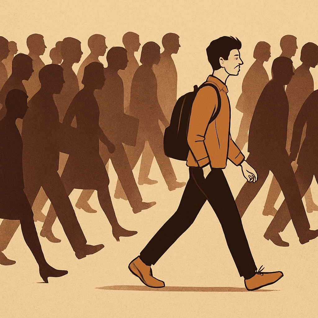 Como ser autêntico em um mundo de máscaras? 4 Pessoa caminhando sozinha contra a multidão padronizada