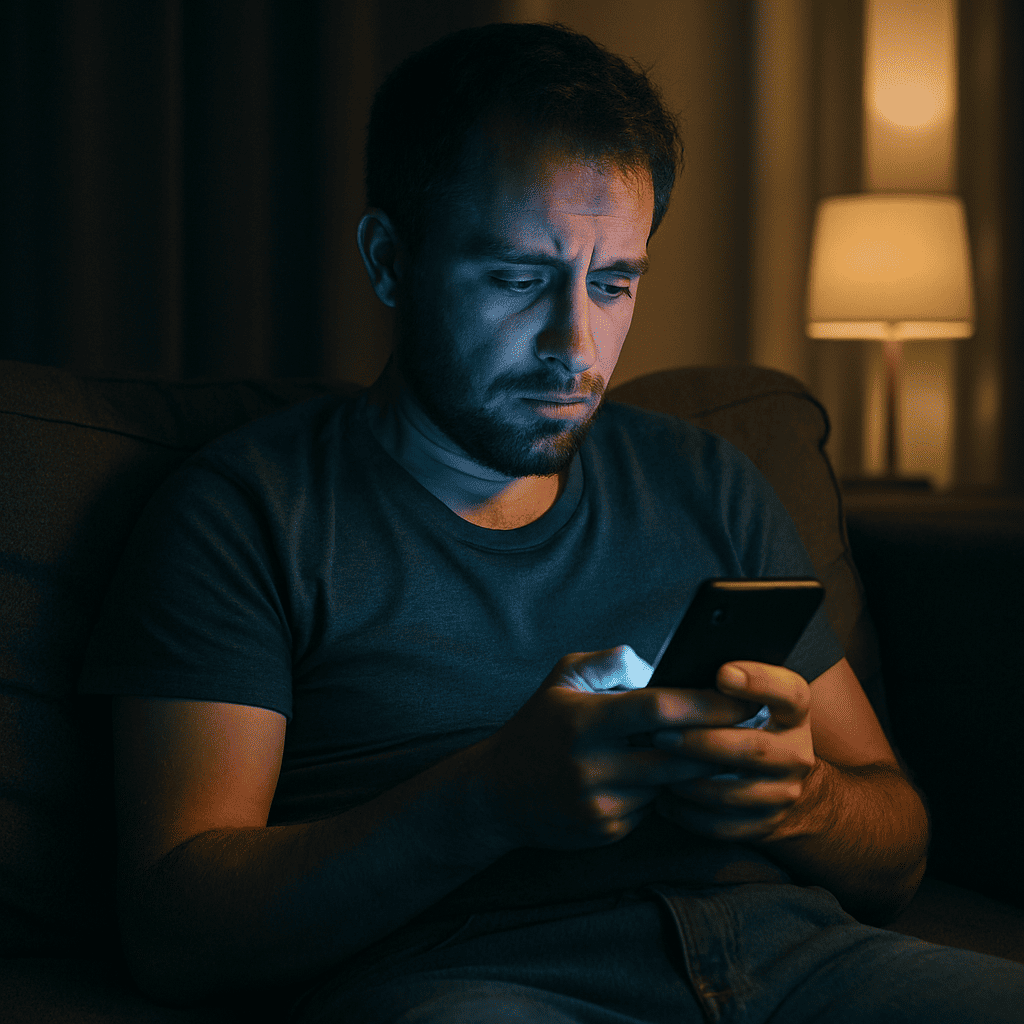 Pessoa exausta olhando para o celular com expressão de cansaço