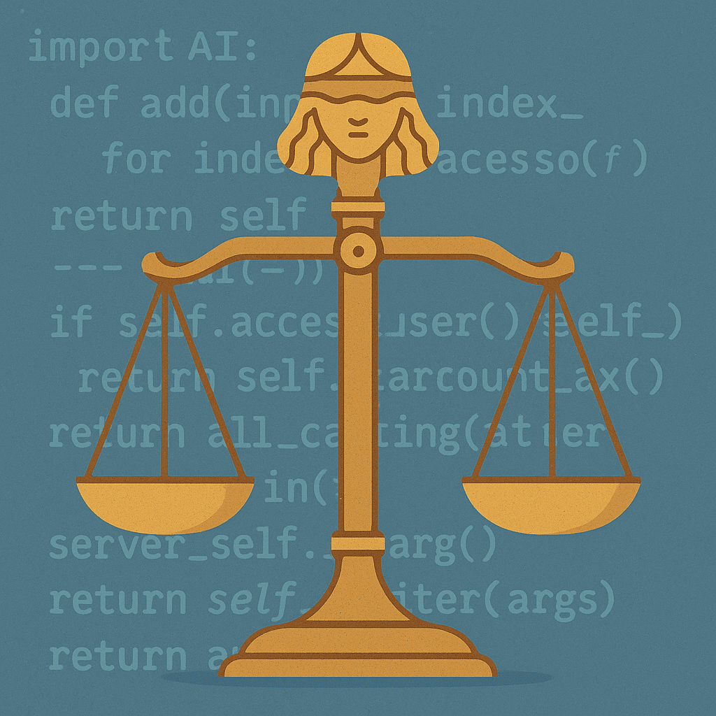 O Lado Sombrio da Inteligência Artificial: Riscos, Crimes e o Futuro da Tecnologia 4 Símbolos de balança da justiça e código binário representando regulamentação da IA