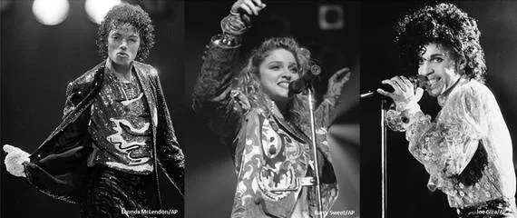 Série “As décadas que moldaram o mundo moderno”: Anos 1980 - O Mundo Que Dançava Entre Guerras e Tecnologia 5 Colagem com retratos de Michael Jackson, Madona e Prince