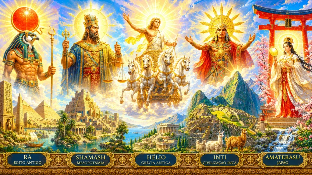 Deuses solares Rá, Shamash, Hélio, Inti e Amaterasu representando o simbolismo do Sol