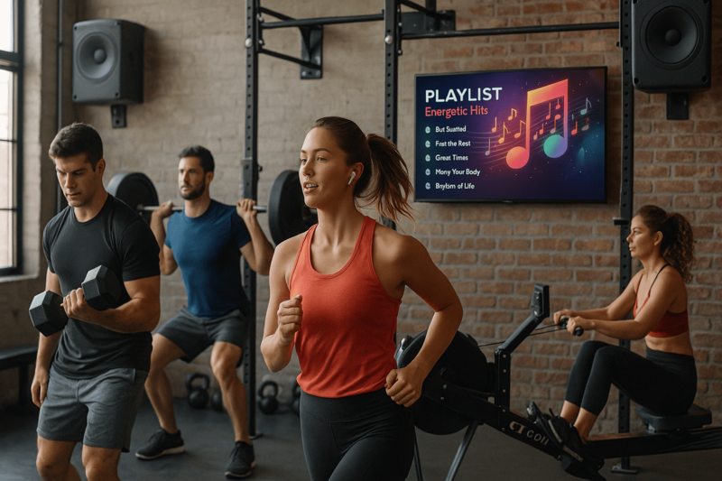 Academia com música animada e pessoas se exercitando com energia