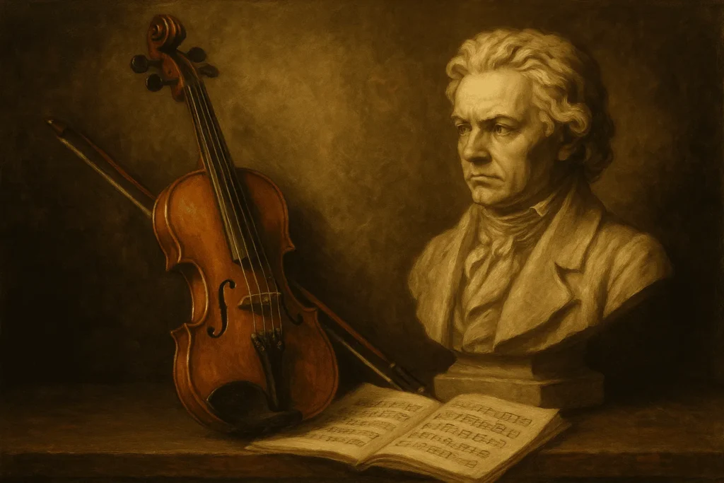 Busto clássico de compositor ao lado de um violino antigo, arco e partitura musical sobre mesa de madeira, em tons quentes e estilo pintura a óleo.