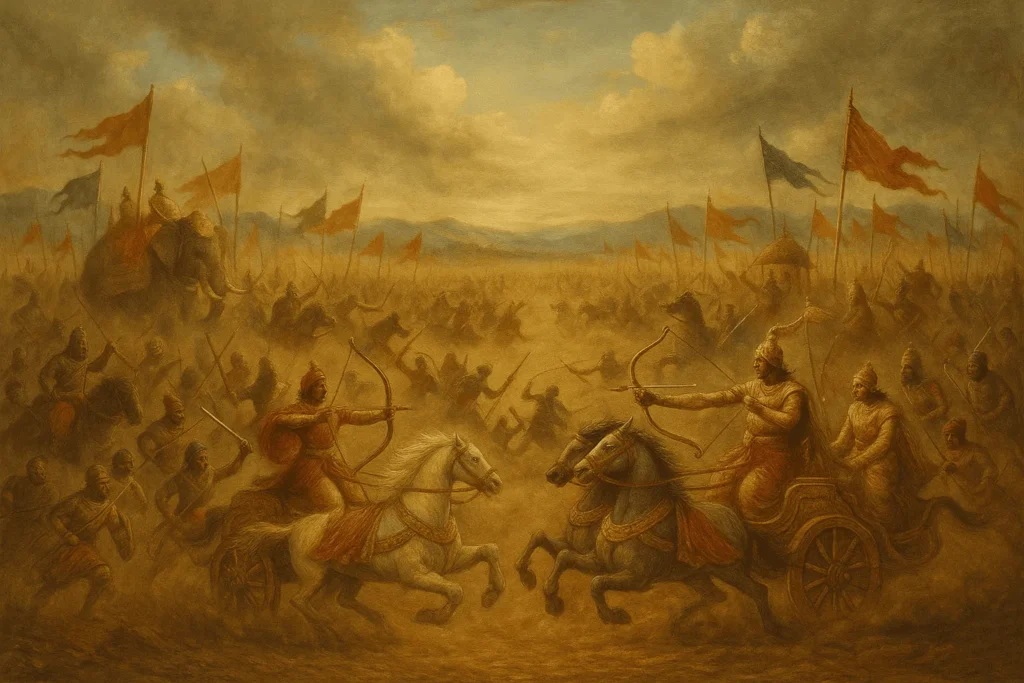 Mahabharata: O Maior Épico da Humanidade e Suas Lições Eternas 4 Campo de batalha de Kurukshetra retratado em pintura clássica