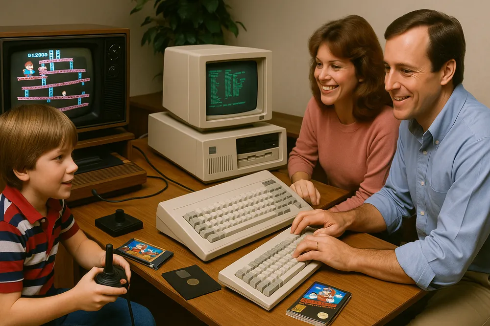 Série “As décadas que moldaram o mundo moderno”: Anos 1980 - O Mundo Que Dançava Entre Guerras e Tecnologia 4 Computador pessoal dos anos 1980, como o IBM PC, Criança com o controle do ATARI, Donkey Kong na televisão