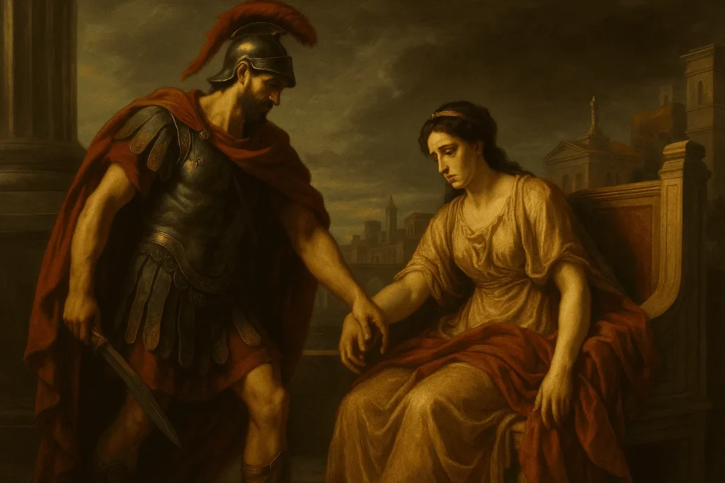 A Eneida de Virgílio: A Epopeia que Moldou a Cultura Romana e o Ocidente 4 Eneias e Dido em uma cena dramática de despedida em Cartago, mostrando a rainha aflita e Eneias decidido a partir, em um estilo clássico.