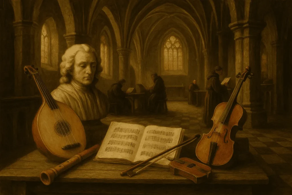 Igreja católica medieval com monges lendo partituras e instrumentos musicais antigos em primeiro plano.