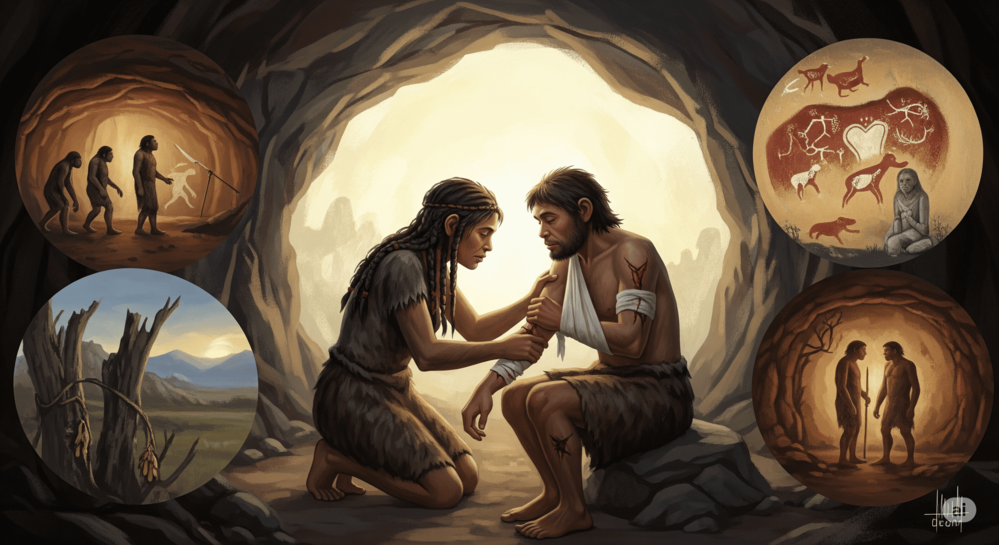 O alpinista voluntário que virou herói 1 Ilustração da evolução humana destacando o cuidado entre indivíduos