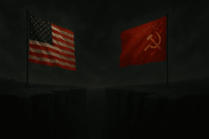 Série “As décadas que moldaram o mundo moderno”: Anos 1980 - O Mundo Que Dançava Entre Guerras e Tecnologia 2 Ilustração representando a tensão entre EUA e União Soviética durante a Guerra Fria