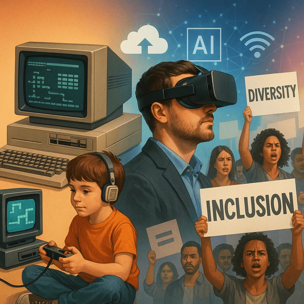 Série “As décadas que moldaram o mundo moderno”: Anos 1980 - O Mundo Que Dançava Entre Guerras e Tecnologia 9 Ilustração digital mostrando a transição dos anos 1980 para o presente, com um menino jogando videogame retrô em um computador antigo, um adulto usando óculos de realidade virtual e um grupo de pessoas protestando com cartazes de diversidade e inclusão, em meio a ícones tecnológicos como nuvem, IA e Wi-Fi.