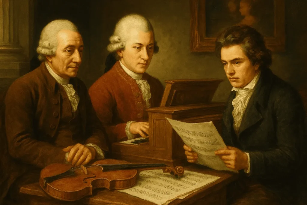 Pintura barroca de Joseph Haydn, Wolfgang Amadeus Mozart e Ludwig van Beethoven em uma sala do século XVIII, estudando partituras musicais.