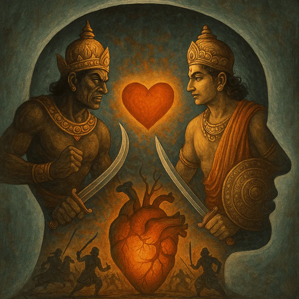 Mahabharata: O Maior Épico da Humanidade e Suas Lições Eternas 5 Dois guerreiros estilizados dentro do contorno de uma cabeça humana, um representando ambição e inveja (Kurava, à esquerda) e outro simbolizando virtude e equilíbrio (Pandava, à direita), lutando sobre um coração ardente, enquanto pequenas silhuetas de combatentes aparecem abaixo.